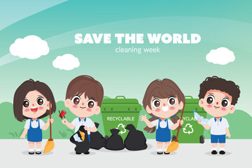 Cute cartoon children student keeping Waste to garbage bins. Save world save environment concept.