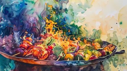 Watercolor depiction of an outdoor summer grill, vegetables sizzling on the fire, smoke swirling among vivid colors of fresh produce