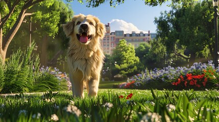 Transform your furry friend into a playful character in a whimsical park scene Utilize CG 3D techniques to showcase their personality with a high-angle view