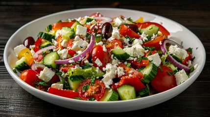 Vibrant top view shot of a Greek Salad with fresh cut tomatoes, cucumbers, bell peppers, onions, olives, and feta cheese, on an isolated background under studio lights