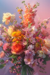 Vibrant Floral Bouquet with Delicate Petals in Variety of Hues and Soft Lighting Showcasing Natural Textures in Serene Impressionist Arrangement