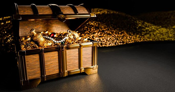 ancient treasures made of gold Packed in a retro treasure chest. Pirate treasure made of wood. Gold Medal and Golden Jug. 3d rendering
