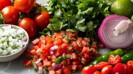 Studio lit, top view of fresh ingredients for Pico de Gallo, showcasing vibrant textures and colors on an isolated background, emphasizing clarity and freshness