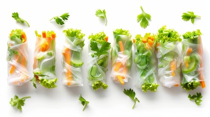 Organic, fresh ingredient spring rolls in rice paper, displayed from above, the freshness of the vegetables illuminated by studio lights, isolated view