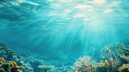 Underwater scenery with sunbeams illuminating coral reef and fish