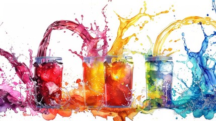 Watercolor splash of energy drinks in motion, vivid colors symbolizing the burst of caffeine and vitamins energizing a dynamic scene