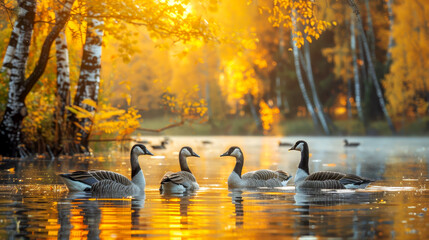 Canadian geese swimming on a forest pond in Autumn - obrazy, fototapety, plakaty