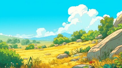 Nature Landscape with Blue Sky. Nature landscape with blue sky clouds wallpaper. Cartoon illustration of a road in a field with blue sky and clouds. Grass Field landscape with blue sky and white cloud