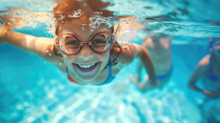 Naklejka premium Child swimming underwater in pool with goggles