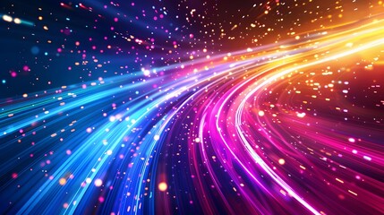 Vibrant rainbow streaks at warp speed create a dynamic and colorful background with light, perfect for lively event graphics.