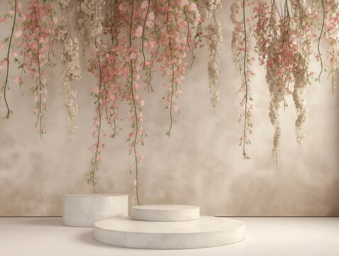 Podium mockup, lovely spring flowers for product display, petals background, 3d render