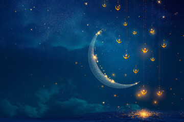 3d illustration of crescent moon with hanging golden stars. Generative AI