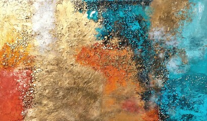 Abstract metallic accents grunge painting with mixed media sponging on canvas. Contemporary painting. Modern poster for wall decoration