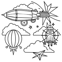 steampunk sky battle design airplane flying around the world set of icons Latest and Premium Vector Design and illustration