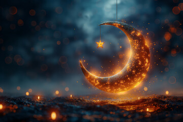 3d illustration of crescent moon with hanging golden stars. Generative AI