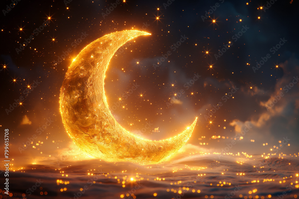 Wall mural 3d illustration of crescent moon with hanging golden stars. Generative AI