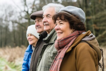 Portrait of happy senior couple with their adult son and daughter outdoors