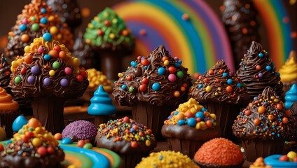 A scene featuring playful chocolate trees, their cartoon-like appearance accentuated by a rainbow of vibrant colors, tempting anyone to take a bite ai_generated