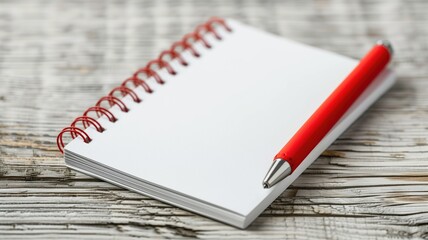 Red pen lies diagonally on top of spiral notepad placed textured wooden surface