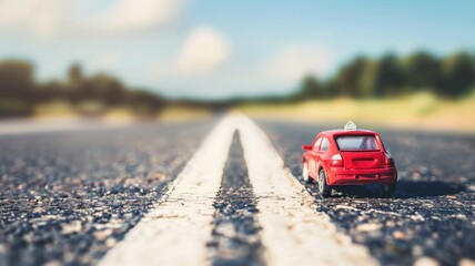 Toy car on center of road with blurred background