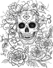 A skull with flowers and vines surrounding it