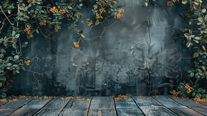 Mysterious, enchanted forest scene with orange berries and wooden floor