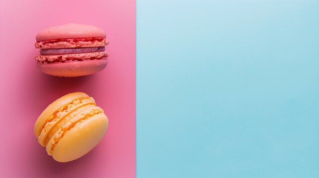 Two colorful macarons on pink and blue background