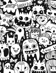 A black and white drawing of various cartoon faces and monsters