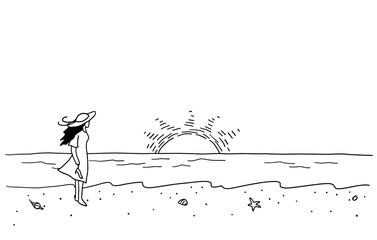 海辺を歩く女性の線画イラスト　白黒