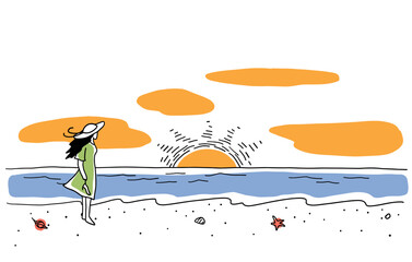 海辺を歩く女性の線画イラスト　色付き