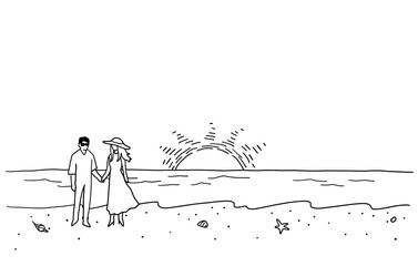 海辺を歩くカップルの線画イラスト　白黒