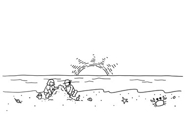 浜辺で遊ぶ子どもたちの線画イラスト　白黒
