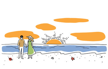 海辺を歩くカップルの線画イラスト　色付き