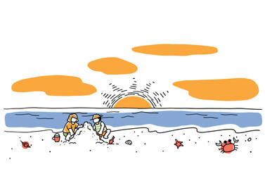 浜辺で遊ぶ子どもたちの線画イラスト　色付き