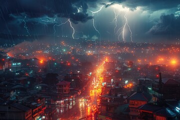 Obraz premium Weather extremes images, there is a city and it is night time in which lightning is shining and colorful lights are burning in the city.