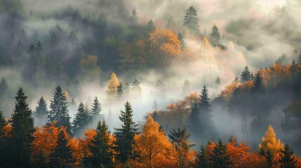 A forest with trees covered in fog and leaves.