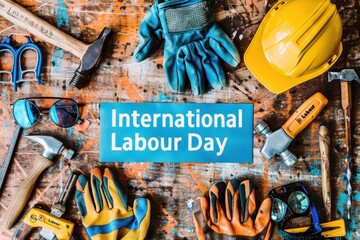International labour day is celebrated on May 1st. A variety of tools and safety equipment, including a hammer, a pair of gloves, and a hard hat