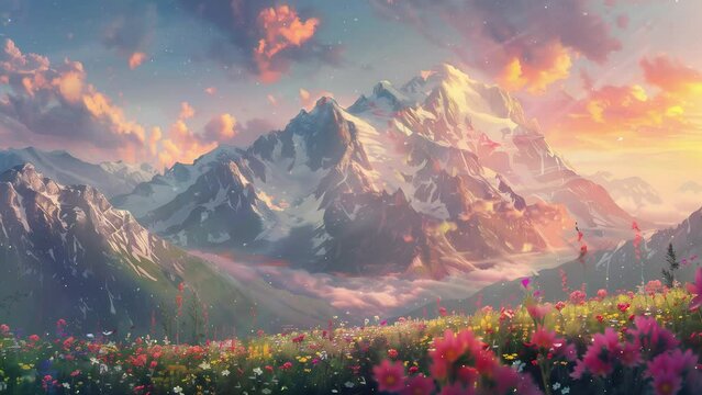 nature background with nice mountain view with nice sky and flower. seamless looping overlay 4k virtual video animation background