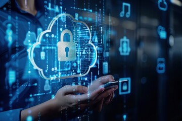 A woman is touching a cloud with a key on it.