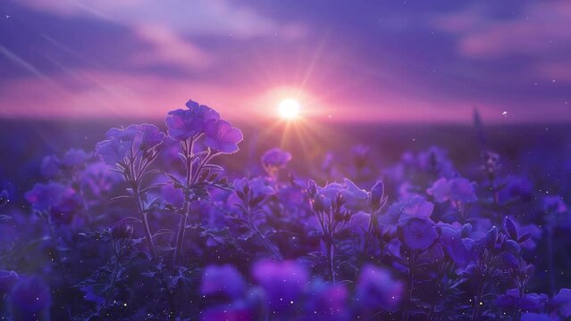 summer background. phacelia flowers field and purple sunset sky background. seamless looping overlay 4k virtual video animation background