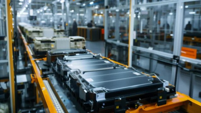 Rows of electric vehicle battery packs move along an automated conveyor system in a modern, high-tech factory. 