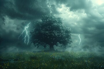 Weather extremes images, There is a grassy field in which there is a tree and lightning is falling on it, the cloud is black and gray in which lightning is flashing