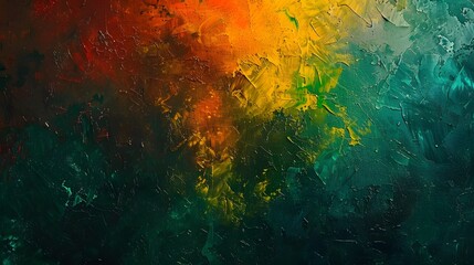 Oil painting abstract background with a gradient of red and yellow colors, accented by green and dark tones, perfect for artistic visuals.