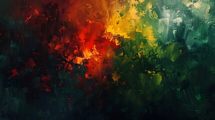 Oil painting abstract background with a gradient of red and yellow colors, accented by green and dark tones, perfect for artistic visuals.