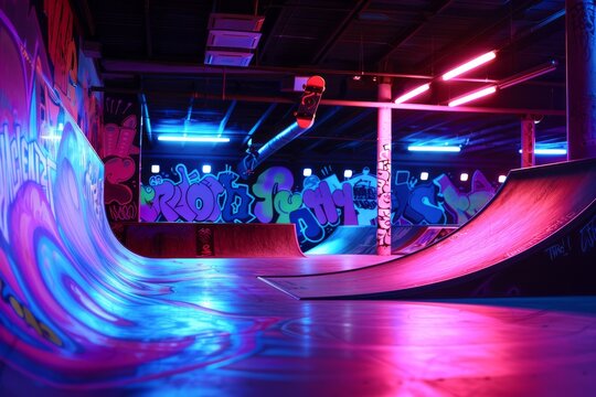 A retro-inspired skate park with neon lights and 80s-style ramps, where skaters pay homage to the golden era of skateboarding, Generative AI