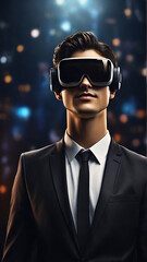 A young man in a suit is wearing virtual reality glasses with confidence.