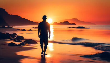 A man standing on a rocky coast at sunset, with the sunset colors creating a beautiful backdrop - Powered by Adobe