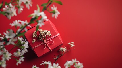 Red Gift box, Spring flower, clean composition, product photography, free space left background
