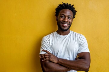 Portrait of young african american man smiling with arms crossed against yellow background