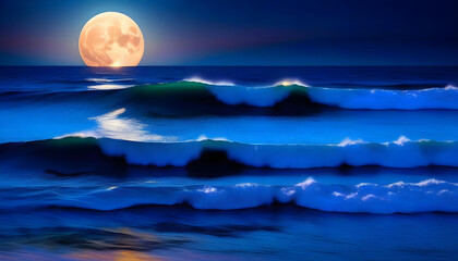 A photo of a moonrise over the ocean at night with a dramatic sky and waves crashing onto the shore